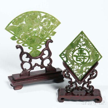Two Jade Plaques with Wood Stands