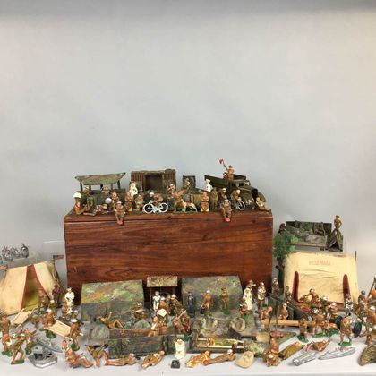 Large Group of WWI and WWII Painted Toy Soldiers and Accessories. Estimate $250-350