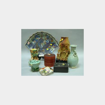 Eight Asian Ceramic, Wood and Lacquer Items and a Carved Soapstone Vase. 