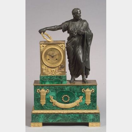 French Second Empire Gilt and Patinated Bronze and Malachite Mounted Mantel Clock