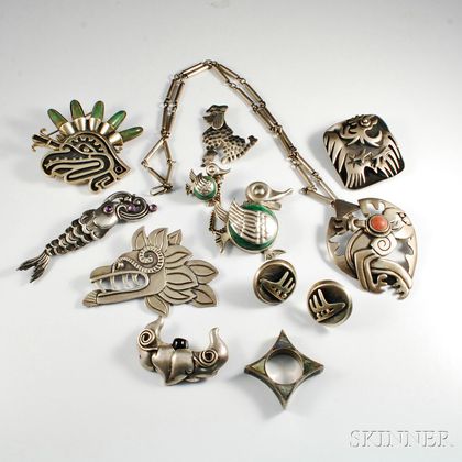 Group of Mexican Sterling Silver and Hardstone Figural Jewelry
