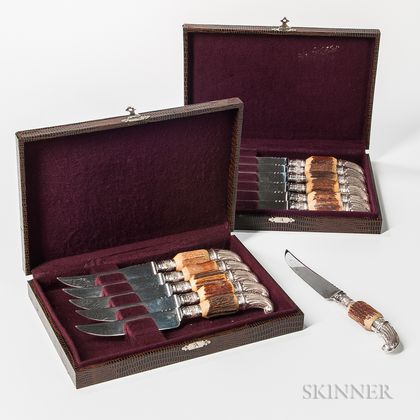 Two Boxed Sets of Horn-handled Knives