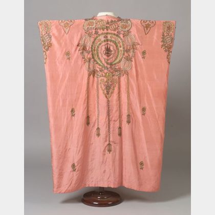 1920s Metallic Thread Embroidered Coral Silk House Coat. 