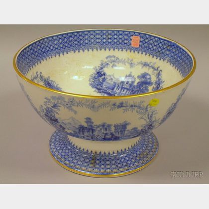 Large English Blue and White Transfer The Gem Pattern Footed Punch Bowl