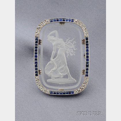 Art Deco Platinum, Diamond and Glass Intaglio Brooch