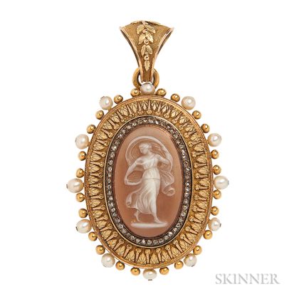 Antique 18kt Gold, Hardstone Cameo, Pearl, and Diamond Pendant