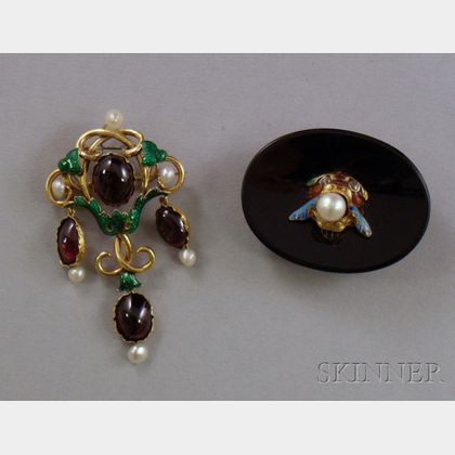 Two 14kt Gold, Pearl, and Enamel Brooches