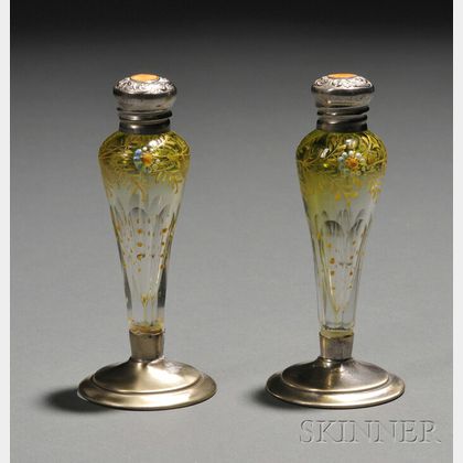 Pair of Enameled Glass and Silver Perfumes