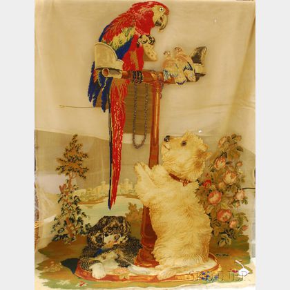 Unframed Victorian Berlin Woolwork Panel Depicting Two Dogs and a Parrot