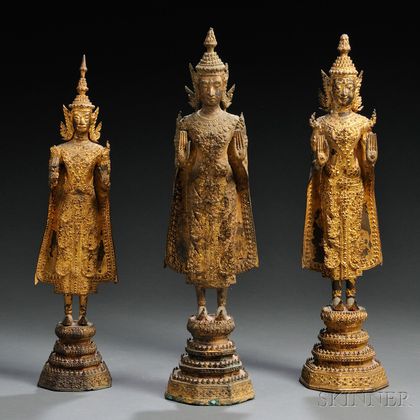 Three Gilt-bronze Rattanakosin-style Figures of Shakyamuni