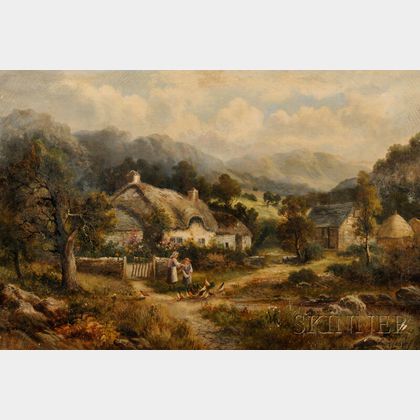 William Langley (British, 1852-1922) Thatched Cottage with Children Feeding Chickens