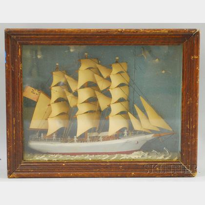 Folk Painted Wood and Paper Three-masted Sailing Ship Diorama