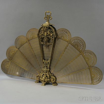 Victorian-style Folding Brass Fan-form Firescreen