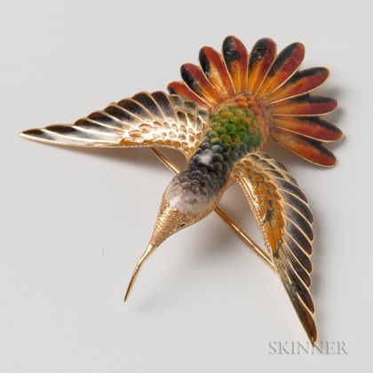 18kt Gold and Enamel Hummingbird Brooch