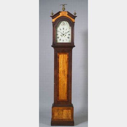 Grain Painted Pine, Satinwood and Mahogany Veneer Tall Case Clock