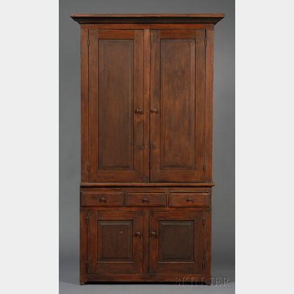 Brown-painted Pine Two-part Step-back Cupboard