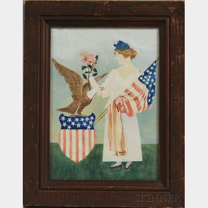 American School, 19th Century Patriotic Scene of Lady Liberty Carrying the Flag with a Bald Eagle.