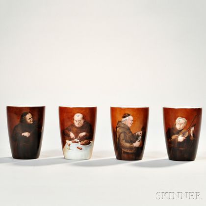 Set of Four Limoges Hand-painted Monk-decorated Porcelain Cups