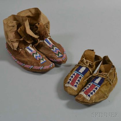 Two Pairs of Central Plains Partially Beaded Moccasins
