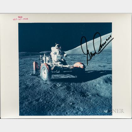 Apollo 17, Eugene Cernan Piloting the Lunar Roving Vehicle on the Lunar Surface, Signed Photograph.