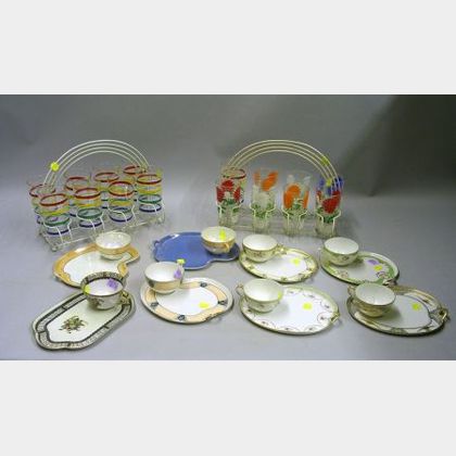 Seven Sets of Noritake and Nippon Decorated Porcelain Bridge Cups and Undertrays and Two Sets of Vintage Stripe... 
