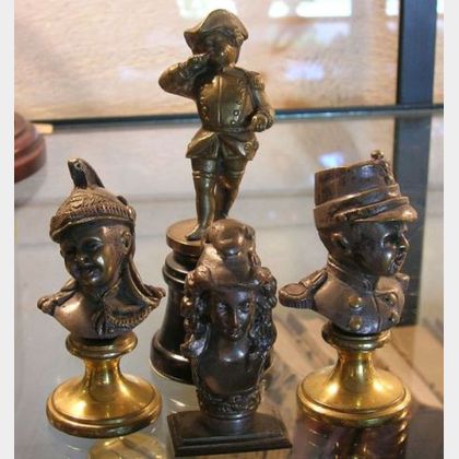 Four Small Bronze Figurals and Silvered Metal Figurals. 