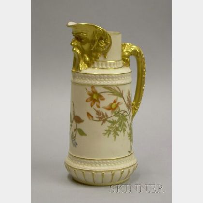 Royal Worcester Gilt and Hand-painted Porcelain Ewer with Grotesque Spout. 