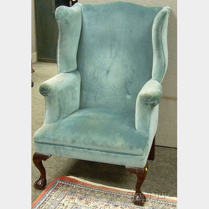 Georgian-style Upholstered Carved Beechwood Wing Chair. 