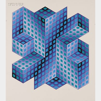 Victor Vasarely (French/Hungarian, 1908-1997) Lot of Two Impressions: Untitled (Purple Cubic Forms)