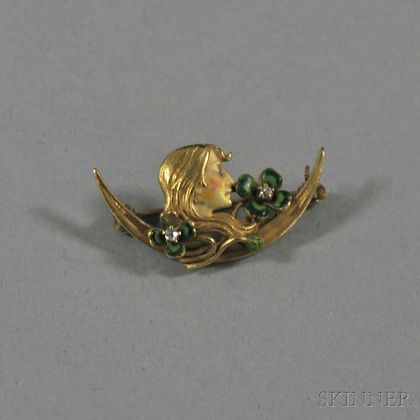 Small Krementz Art Nouveau 14kt Gold, Enamel, and Diamond Lingerie Pin