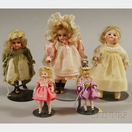 Five Small Blonde-haired Bisque Head Dolls