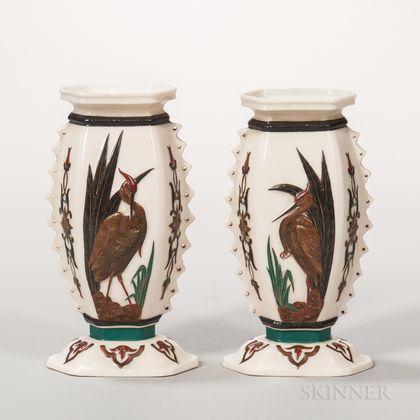 Pair of Royal Worcester Ivory-ground Porcelain Heron Vases