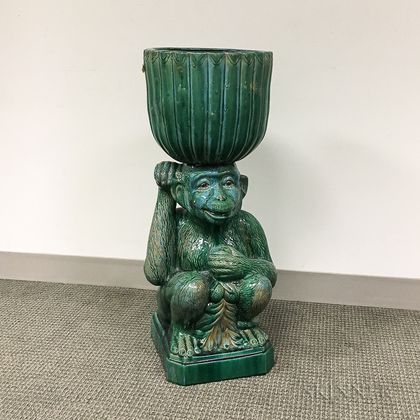 Green-glazed Ceramic Jardiniere on Monkey-form Pedestal