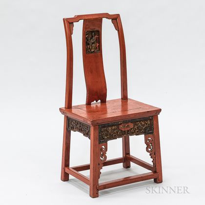 Chinese Carved and Red-lacquered Side Chair