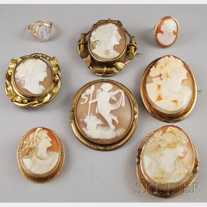 Six Shell-carved Cameo Brooches