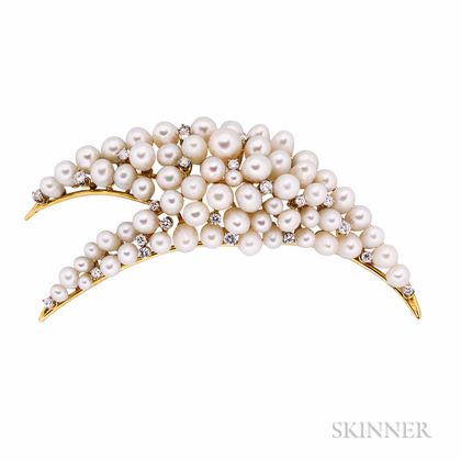 18kt Gold, Cultured Pearl, and Diamond Brooch, Henry Dunay