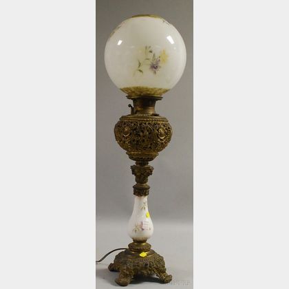 Bradley & Hubbard Victorian Rococo Revival Cast Brass and Hand-painted Floral-decorated Glass Kerosene Table Lamp