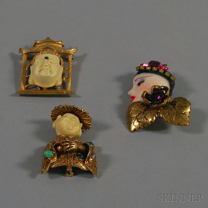 Three Ornate Figural Costume Brooches
