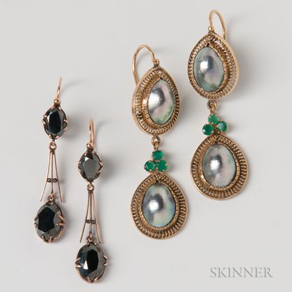 Pair of Mabe Pearl and Emerald Earrings and a Pair of Hematite Earrings