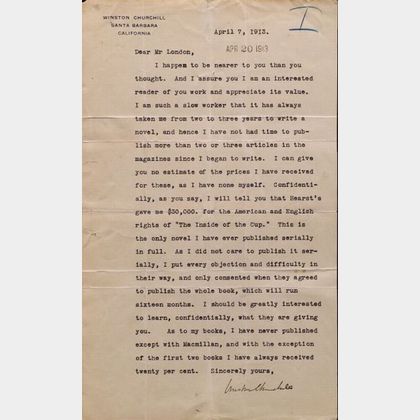 Churchill, Winston, (1871-1947),and Jack London, Association Letter