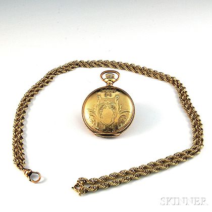 Small Gold-filled American Waltham Hunting Case Pocket Watch with 14kt Gold Watch Chain
