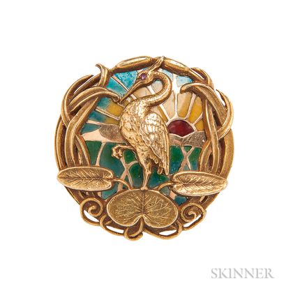 Art Nouveau 14kt Gold, Plique-a-jour Enamel, and Diamond Watch Pin, Riker Bros.