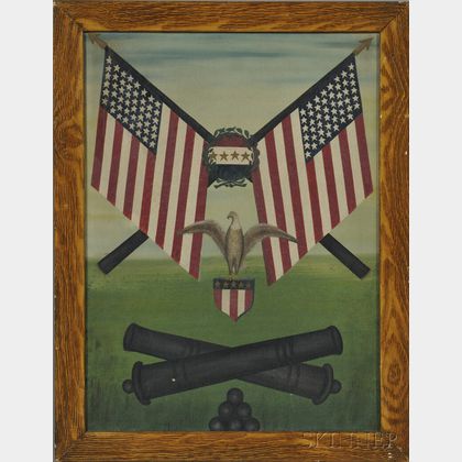 American School, Late 19th/Early 20th Century Patriotic Emblem with Flags, Bald Eagle, and Canons.