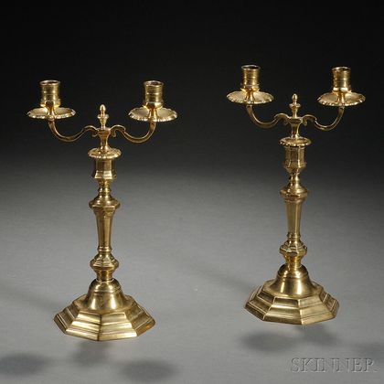 Pair of Convertible Brass Octagonal-base Candlesticks/Candelabra