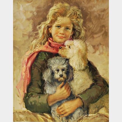 Giuseppe Merighi (Italian, b. 1936) Girl with Poodles