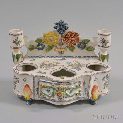 Continental Faience Pottery Polychrome Inkstand