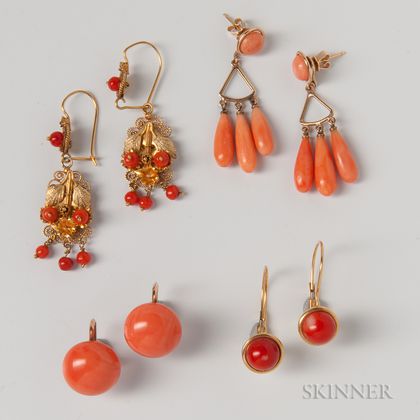 Four Pairs of Coral Earrings. Estimate $200-300