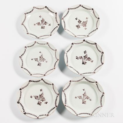 Six Manganese-decorated Tin-glazed Earthenware Plates