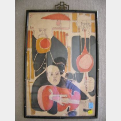 Framed Watercolor of Musicians