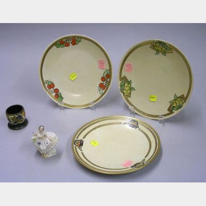 Set of Three Hand-painted Porcelain Plates, a Gouda Pottery Match Urn, and a Small Dresden Porcelain Ballerina Figure. 